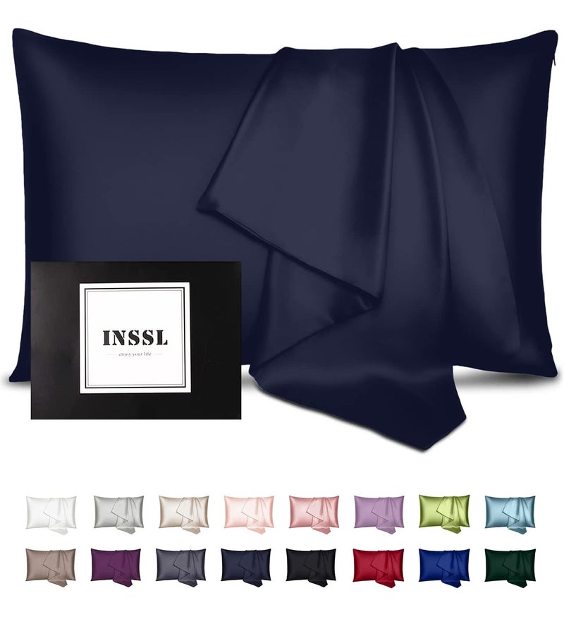 INSSL Silk Pillowcase for Women, Mulberry Silk Pillowcase for Hair and Skin and Stay Comfortable and Breathable During Sleep (Queen, Navy Blue) - Image 1